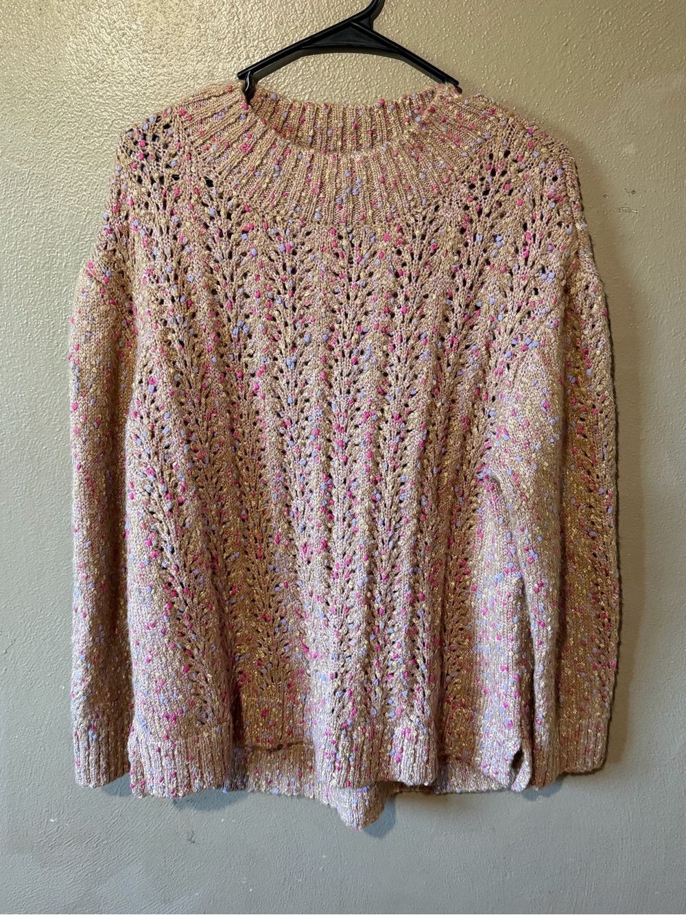 Democracy Beige Open-Knit Crewneck Sweater with Pink Flecks